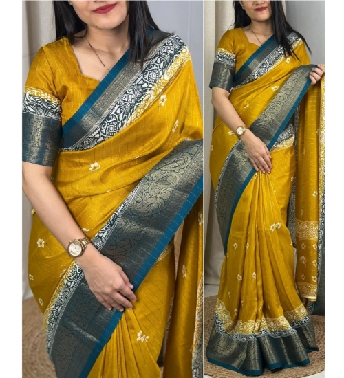 Women's Cotton Silk Printed Saree With Unstitched Blouse 5.5Mtr (Mustard)