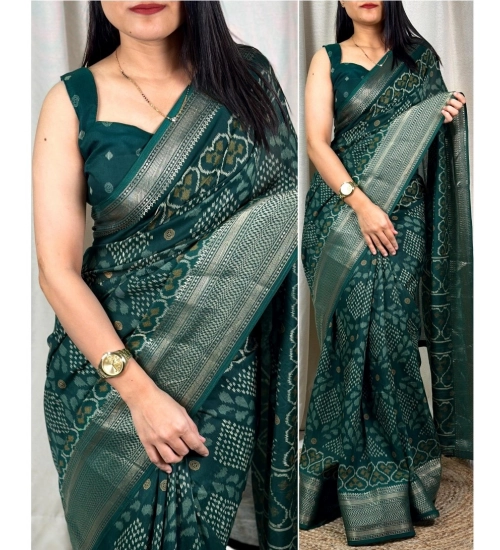 Women's Dola Silk Printed Saree With Unstitched Blouse 5.5Mtr (Green)