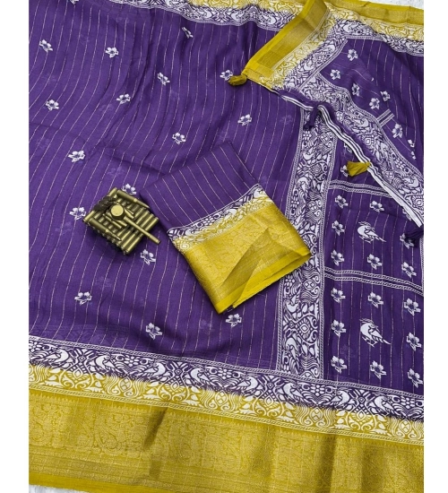 Women's Cotton Silk Printed Saree With Unstitched Blouse 5.5Mtr (Purple)