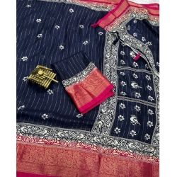 Women's Cotton Silk Printed Saree With Unstitched Blouse 5.5Mtr (Navy Blue)