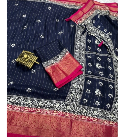 Women's Cotton Silk Printed Saree With Unstitched Blouse 5.5Mtr (Navy Blue)