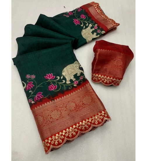 Women's Dola Silk Printed Saree With Unstitched Blouse 5.5Mtr (Green)