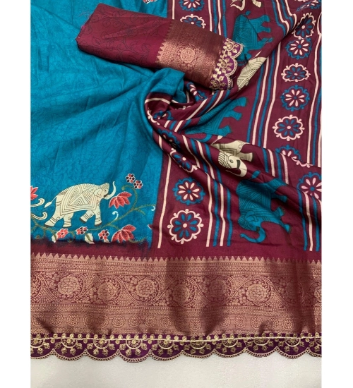 Women's Dola Silk Printed Saree With Unstitched Blouse 5.5Mtr (Blue)