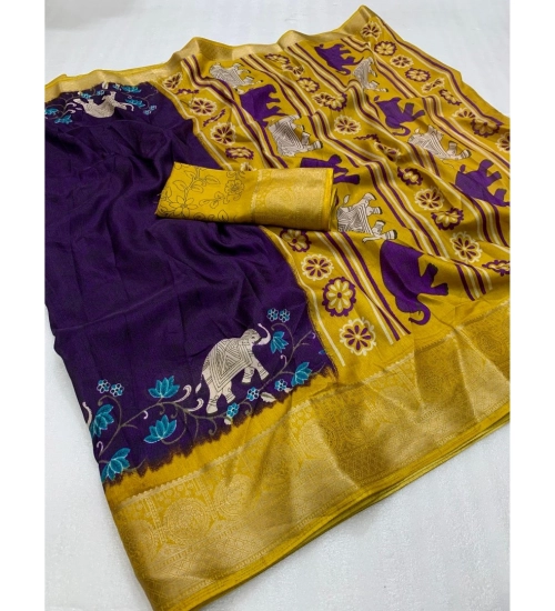Women's Dola Silk Printed Saree With Unstitched Blouse 5.5Mtr (Purple)