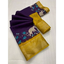 Women's Dola Silk Printed Saree With Unstitched Blouse 5.5Mtr (Purple)