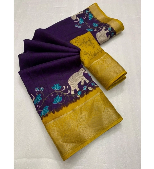 Women's Dola Silk Printed Saree With Unstitched Blouse 5.5Mtr (Purple)