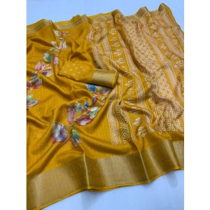Generic Women's Dola Silk Printed Saree With Unstitched Blouse 5.5Mtr (Yellow)