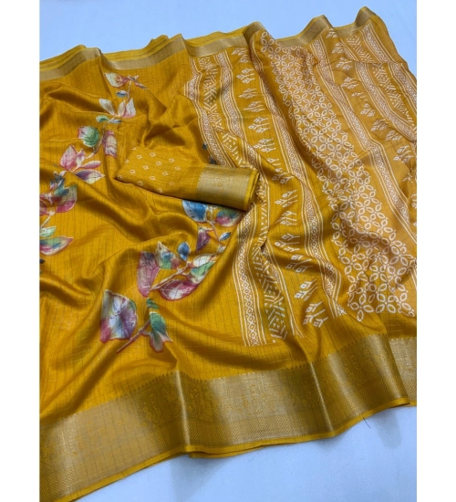 Women's Dola Silk Printed Saree With Unstitched Blouse 5.5Mtr (Yellow)