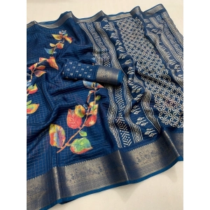 Generic Women's Dola Silk Printed Saree With Unstitched Blouse 5.5Mtr (Blue)