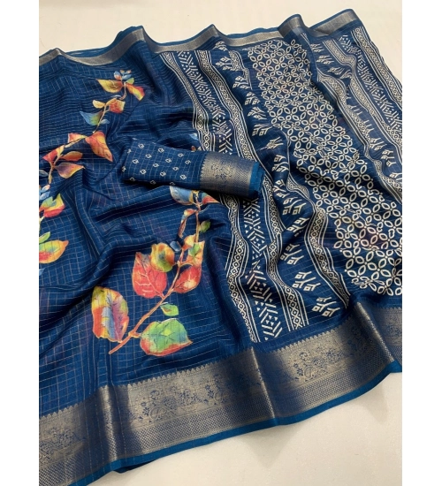 Women's Dola Silk Printed Saree With Unstitched Blouse 5.5Mtr (Blue) Women's Dola Silk Printed Saree With Unstitched Blouse 5.5Mtr (Blue)