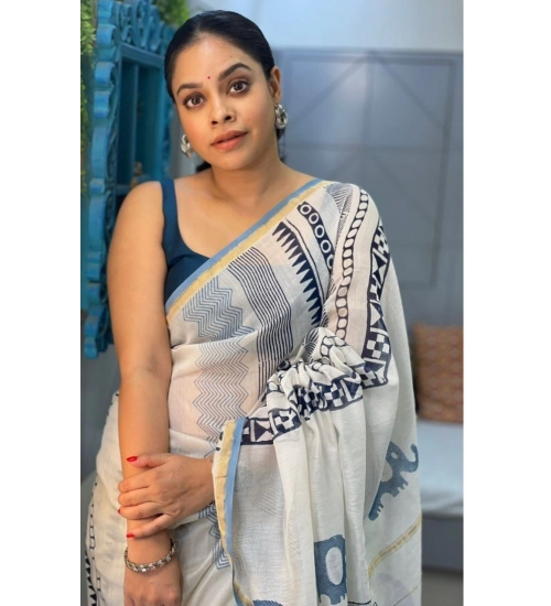 Women's Pure Chanderi Printed Saree With Unstitched Blouse 5.5Mtr (White)