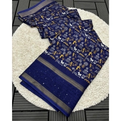 Women's Dola Silk Printed Saree With Unstitched Blouse 5.5Mtr (Navy Blue)