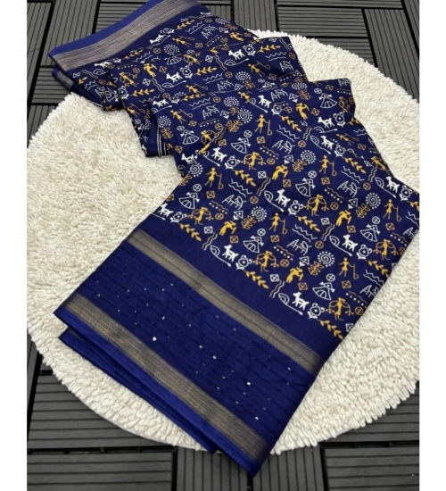Women's Dola Silk Printed Saree With Unstitched Blouse 5.5Mtr (Navy Blue)