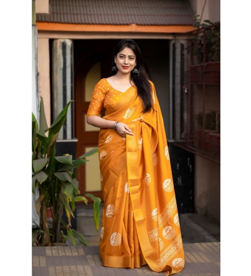 Women's Cotton Crape Printed Saree With Unstitched Blouse 5.5Mtr (Yellow)
