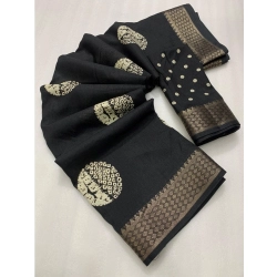 Women's Cotton Crape Printed Saree With Unstitched Blouse 5.5Mtr (Black)