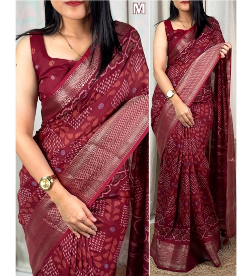 Women's Dola Silk Printed Saree With Unstitched Blouse 5.5Mtr (Maroon)