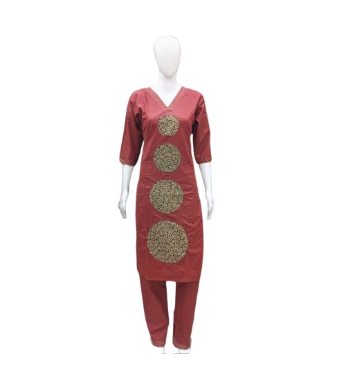 Women's Cotton Blended Printed 3/4th Sleeve V Neck Kurti With Pant Set (Brown)