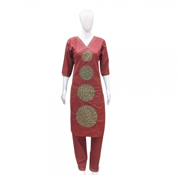 Dropship Women's Cotton Blended Printed 3/4th Sleeve V Neck Kurti With Pant Set (Brown)