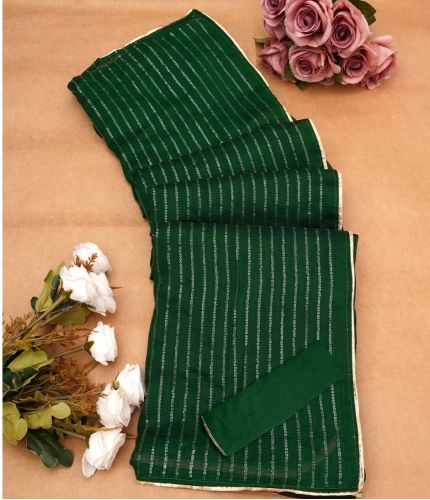 Women's Vichitra Silk Striped Saree With Unstitched Blouse 5.5Mtr (Green)