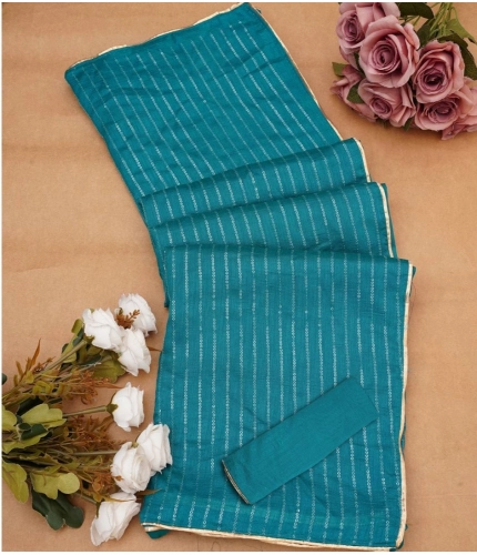 Women's Vichitra Silk Striped Saree With Unstitched Blouse 5.5Mtr (Sky Blue)