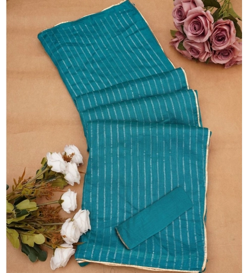 Women's Vichitra Silk Striped Saree With Unstitched Blouse 5.5Mtr (Sky Blue)