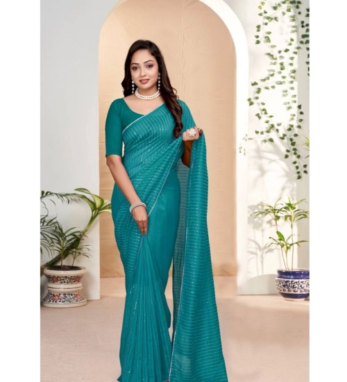 Women's Vichitra Silk Striped Saree With Unstitched Blouse 5.5Mtr (Sky Blue)