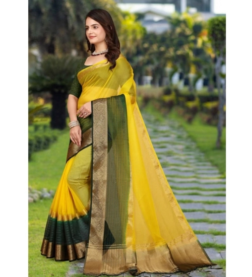 Women's Khadi Cotton  Solid Saree With Unstitched Blouse 5.5Mtr (Yellow)