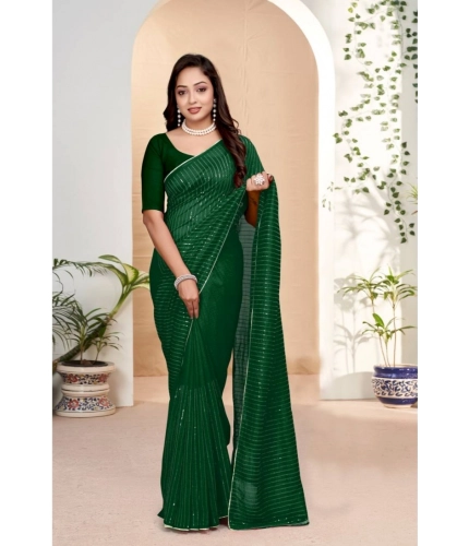 Women's Vichitra Silk Striped Saree With Unstitched Blouse 5.5Mtr (Green)
