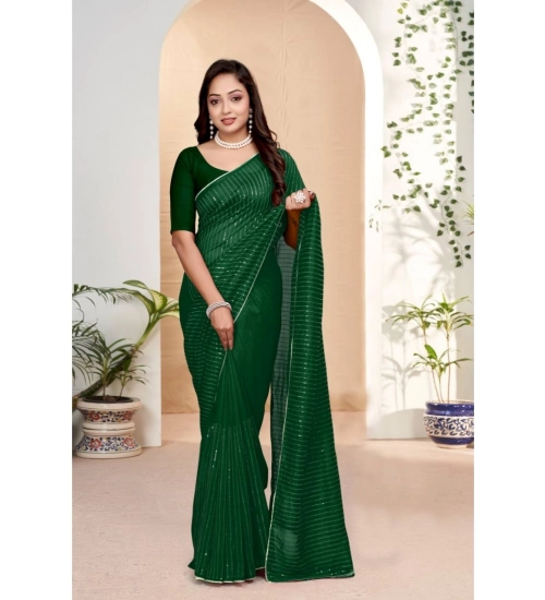 Women's Vichitra Silk Striped Saree With Unstitched Blouse 5.5Mtr (Green)