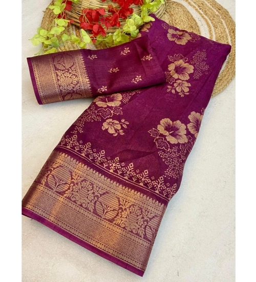 Women's Jacquard Printed Saree With Unstitched Blouse 5.5Mtr (Wine)