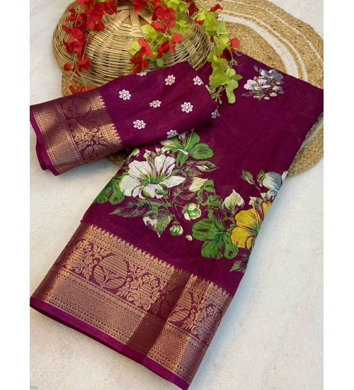 Women's Jacquard Printed Saree With Unstitched Blouse 5.5Mtr (Wine)