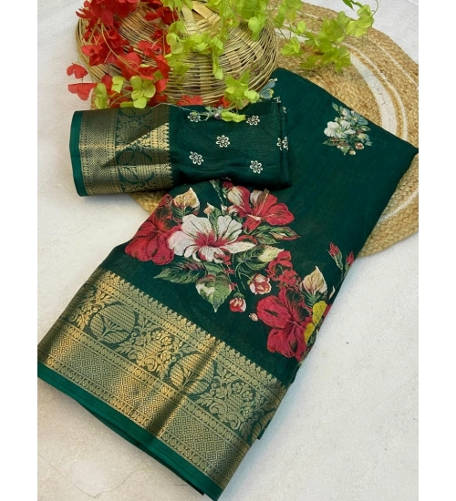 Women's Jacquard Printed Saree With Unstitched Blouse 5.5Mtr (Green)