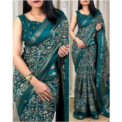 Women's Denting Cotton Printed Saree With Unstitched Blouse 5.5Mtr (D.Green)