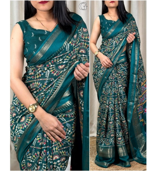 Women's Denting Cotton Printed Saree With Unstitched Blouse 5.5Mtr (D.Green)