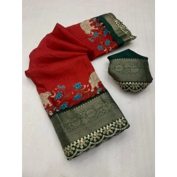 Women's Dola Silk Printed Saree With Unstitched Blouse 5.5Mtr (Red)