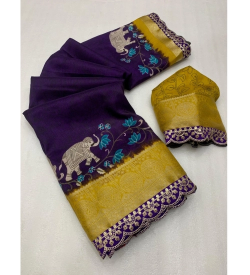 Women's Dola Silk Printed Saree With Unstitched Blouse 5.5Mtr (Purple)