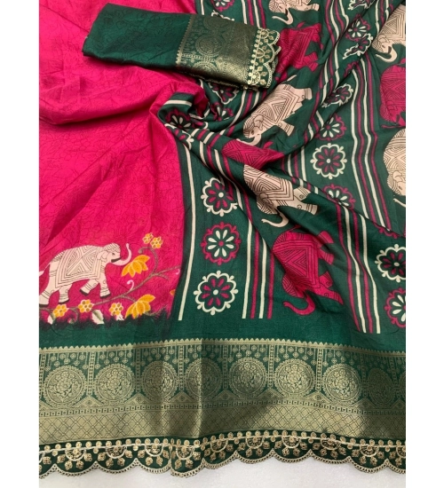 Women's Dola Silk Printed Saree With Unstitched Blouse 5.5Mtr (Pink)