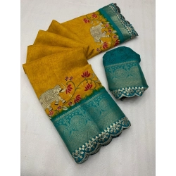 Women's Dola Silk Printed Saree With Unstitched Blouse 5.5Mtr (Mustard)