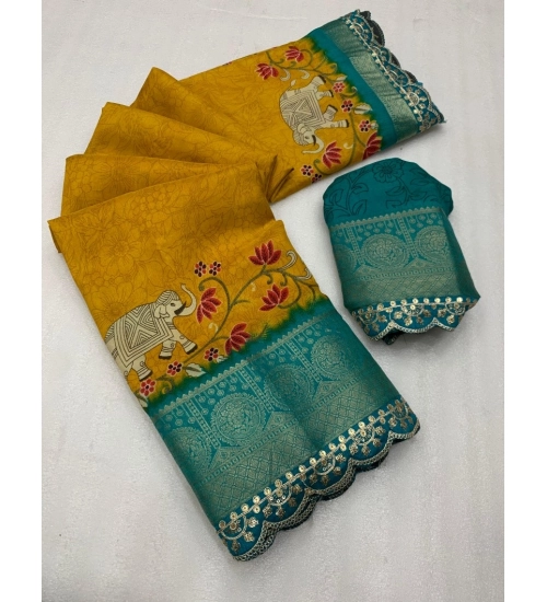 Women's Dola Silk Printed Saree With Unstitched Blouse 5.5Mtr (Mustard)