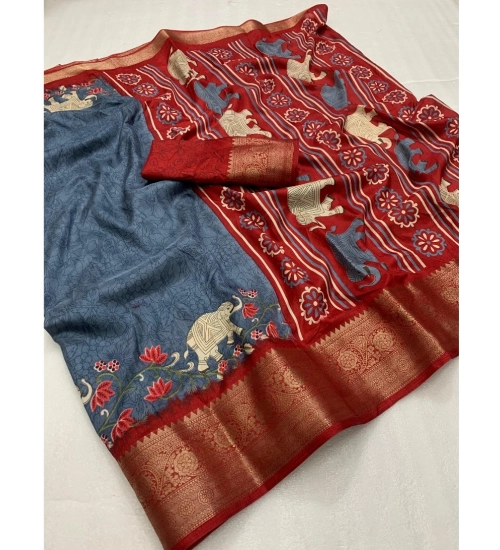 Women's Dola Silk Printed Saree With Unstitched Blouse 5.5Mtr (Grey)