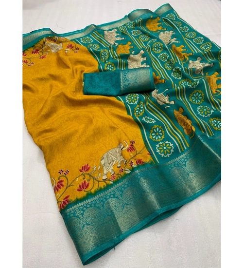 Women's Dola Silk Printed Saree With Unstitched Blouse 5.5Mtr (Mustard)