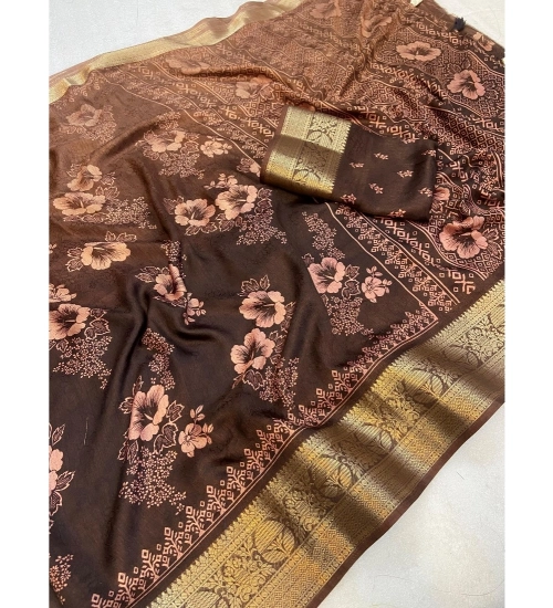 Women's Jacquard Printed Saree With Unstitched Blouse 5.5Mtr (Brown)
