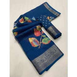Women's Dola Silk Printed Saree With Unstitched Blouse 5.5Mtr (Blue)