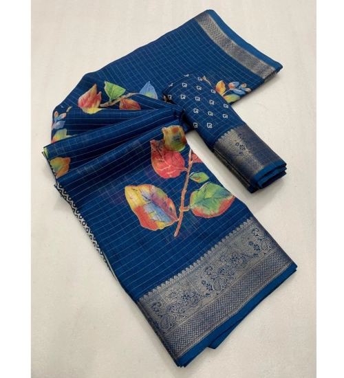 Women's Dola Silk Printed Saree With Unstitched Blouse 5.5Mtr (Blue)