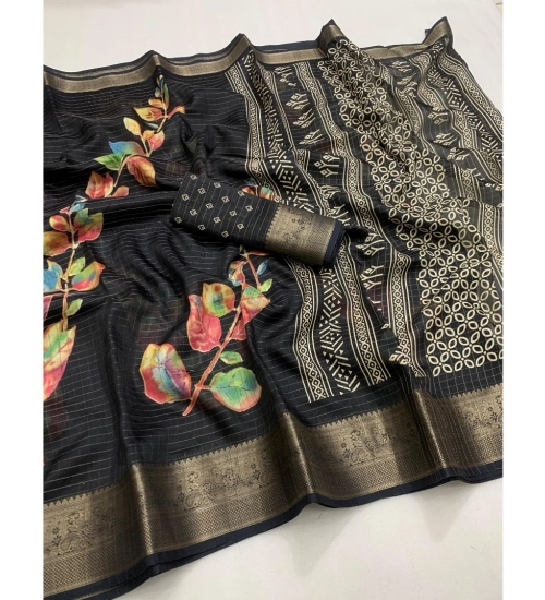 Women's Dola Silk Printed Saree With Unstitched Blouse 5.5Mtr (Black)