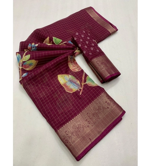 Women's Dola Silk Printed Saree With Unstitched Blouse 5.5Mtr (Wine)