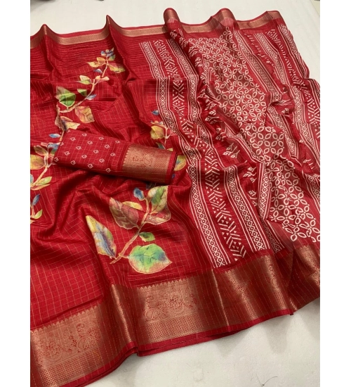 Women's Dola Silk Printed Saree With Unstitched Blouse 5.5Mtr (Red)