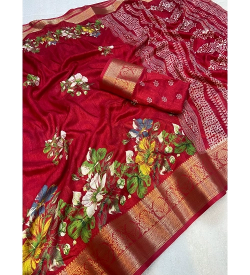 Women's Jacquard Printed Saree With Unstitched Blouse 5.5Mtr (Red)