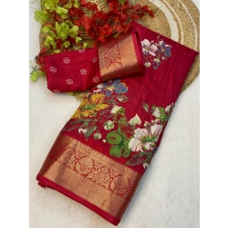 Women's Jacquard Printed Saree With Unstitched Blouse 5.5Mtr (Red)