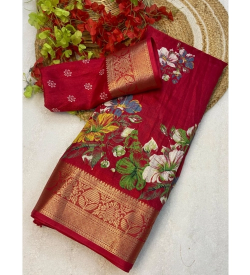 Women's Jacquard Printed Saree With Unstitched Blouse 5.5Mtr (Red)